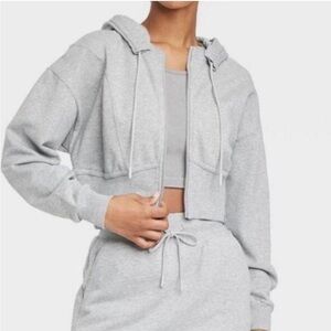 Joylab Cropped Zip Hoodie Sweatshirt Light Grey